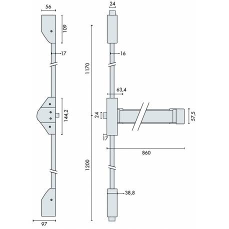 Fermeture anti-panique applique FLEXIT B, 2/3 points, barre 860, Argent