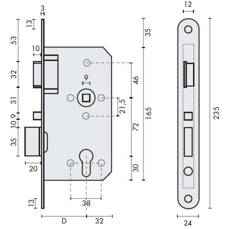 Serrure encastrée 1 point cylindre euro, fermeture auto, gauche din R, axe 55 mm