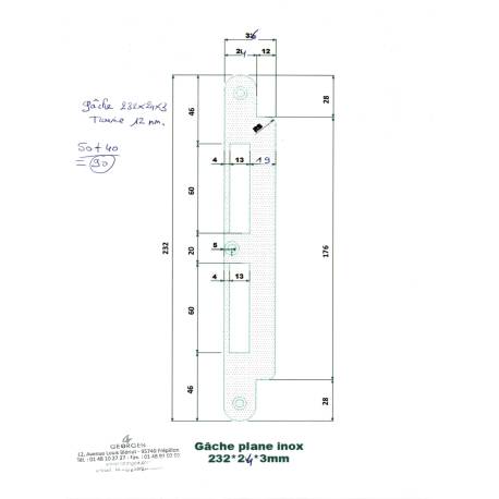 Gâche plane inox  EL560 232x20x3, traine de 12